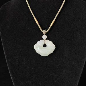 Hand-Carved Icy Jade Peace Lock Pendant: Auspicious Gemstone Necklace Charm